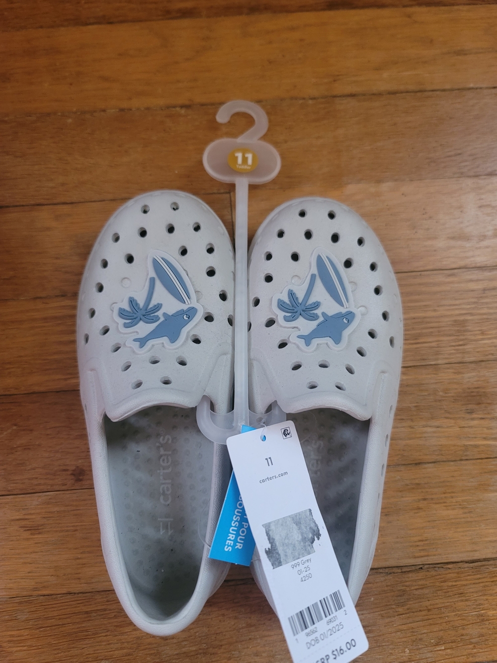 Carter's Kids White Slip-On Water Shoes with Blue Fish Detail - Size 11